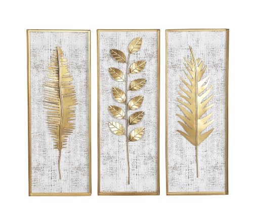 Deco 79 Metal Leaf Home Wall Decor Framed 3D Wall Sculpture with Distressed Wood Backing, Set of 3 Wall Art 12"W, 32"H, Gold - size: 12"L x 2"W