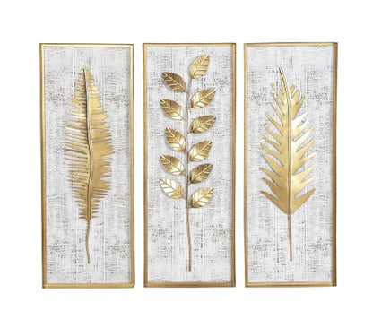 Deco 79 Metal Leaf Home Wall Decor Framed 3D Wall Sculpture with Distressed Wood Backing, Set of 3 Wall Art 12"W, 32"H, Gold - size: 12"L x 2"W
