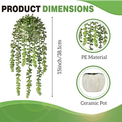 Succulents Plants Artificial, Small String of Pearls with Ceramic Pot Artificial Faux String of Pearls Suitable for Home Garden Decor, Wall Decoration