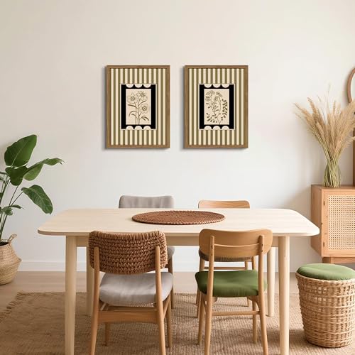 Framed Vintage Botanical Wall Art Set of 2, Olive Green Striped Floral Line Drawing Canvas Prints, Minimalist Nature Plant Artwork, Rustic Wall Decor for Living Room Bedroom Entryway 12x16in - color: Striped Flower, size: 16"L x 12"W