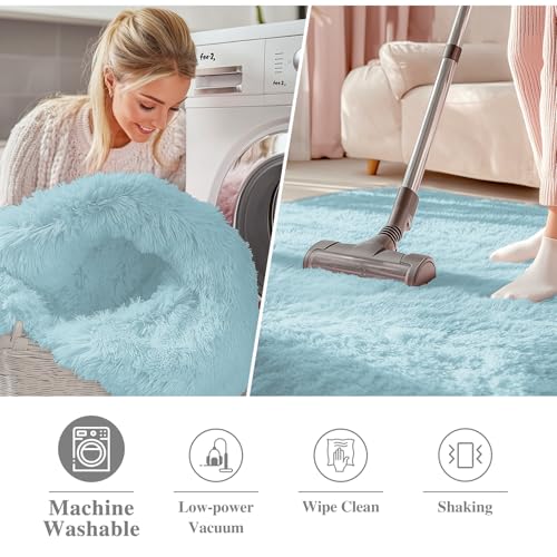 OLANLY Light Blue Round Rugs for Bedroom - Machine Washable, 2 ft Circle Area Rugs for Living Room, Soft and Fluffy Shaggy Carpet for Teen Girl and Boys, Nursery Rooms, Dorms, Home Decor Aesthetic - color: Light Blue, size: 2 Ft Round