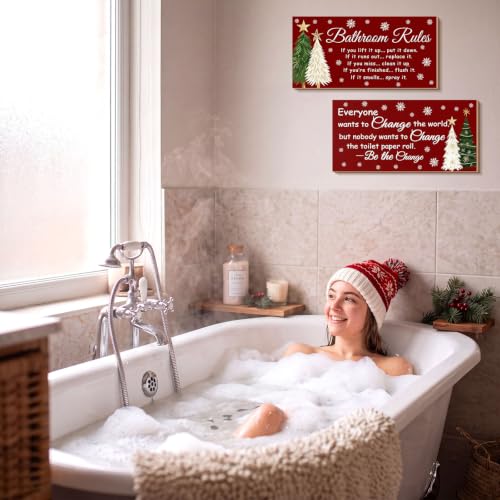 Jetec 2 Pcs Christmas Bathroom Decor Wooden Sign 12 x 6 Inch - style: Christmas Tree Style