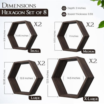 Hexagon Floating Shelves Set of 8 Honeycomb Shelves for Wall, Wooden Hexagon Shelves for Farmhouse Storage - color: Rustic Brown