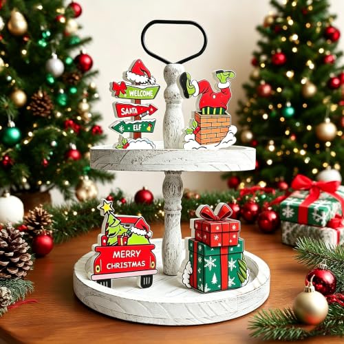 4 PCS Christmas Tables Centerpieces Decorations for Home Wooden, Christmas Tiered Tray Decorations Set for Kitchen Office Home Indoor Mantel Decorations