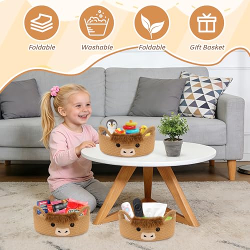 3 Pcs Oval Highland Cute Cow Basket for Nursery,Woven Rope Gift Basket - color: Brown, size: 3 PCS