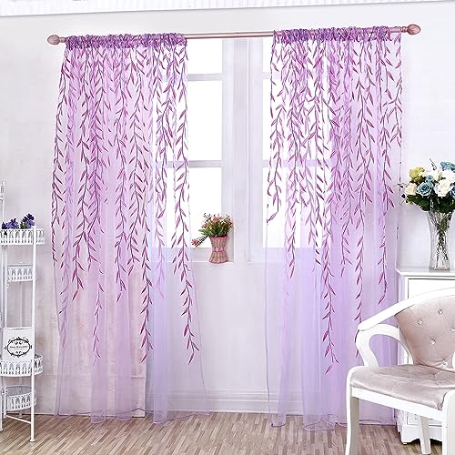 Ufurty 2pcs Willow Leaf Window Curtain Voile Tulle Sheer Vine Curtains - color: Purple Leaf, size: 39.4"W x 78.7"L (Pack of 2)