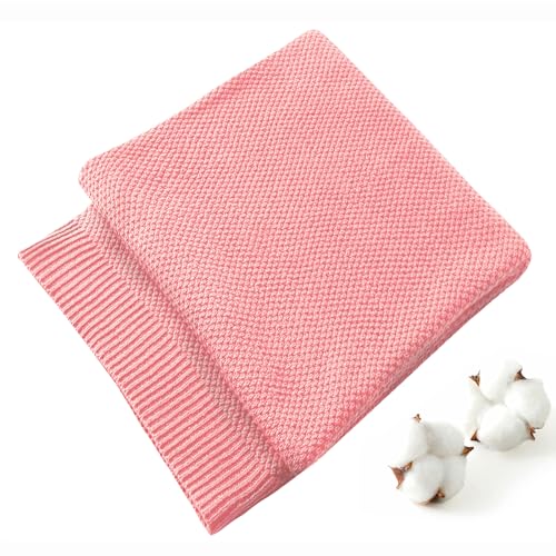 TREELY 100% Cotton Pink Knitted Throw Blanket 50"x60" - color: Pink, size: Throw(50" x 60")