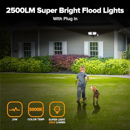 LUTEC 2 Pack 21W Plug in Motion Sensor Light Outdoor, Flood Lights Outdoor Motion Sensor,2500LM, 5000K Daylight,IP65 Waterproof,Adjustable 2 Heads Wall Light for Garage, Porch, Yard - Black - color: Black, size: 2 Pack