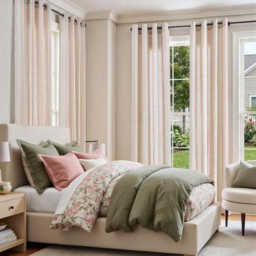 jinchan Linen Curtains 63 inch Candy Stripe for Kids Room Grommet 2 Panels - color: Candy on Flax, size: 50"W x 63"L (Pack of 2)
