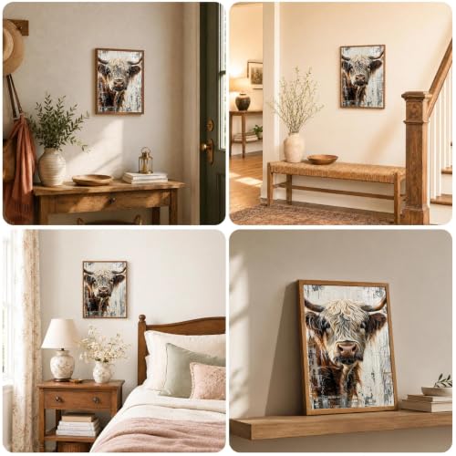 Rustic Highland Cow Framed Wall Art, Farmhouse Canvas Print, 12x16 Inch - color: Brown-Highland cow