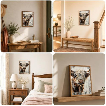 Rustic Highland Cow Framed Wall Art, Farmhouse Canvas Print, 12x16 Inch - color: Brown-Highland cow