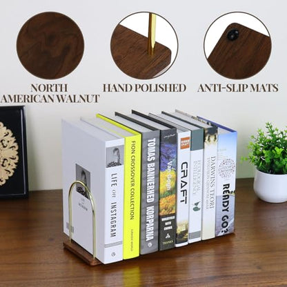 Buqoo Book Ends for Shelves, Handmade Walnut Wood Bookends with Metal - color: Walnut Brown