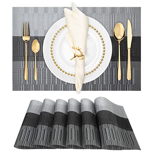 Winknowl Placemats Set of 6, Heat Resistant Non-Slip Vinyl Woven Table Mats for Dining Table, Washable Durable Elegant Place Mats for Kitchen Indoor/Outdoor Use (Black) - color: Bamboo Black, size: Set of 6