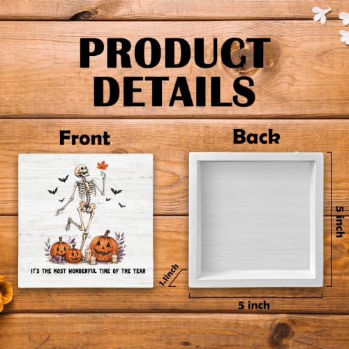 Gothic Halloween Skeleton Pumpkin Fall Wood Box Sign Desk Decor 5X5