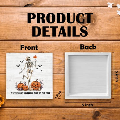 Gothic Halloween Skeleton Pumpkin Fall Wood Box Sign Desk Decor 5X5
