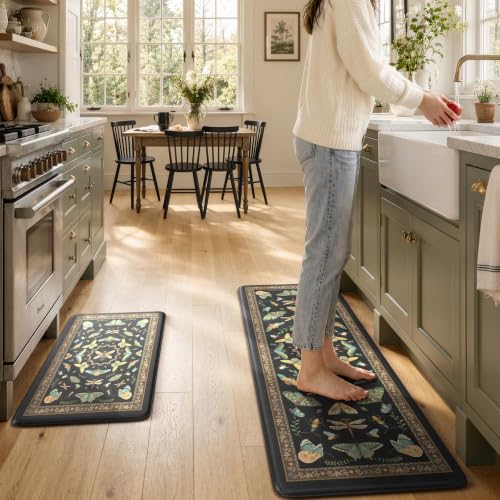 KIMODE Kitchen Mats for Floor 2 Piece Cushioned Anti Fatigue Kitchen Rugs - color: Midnight Black Botanical