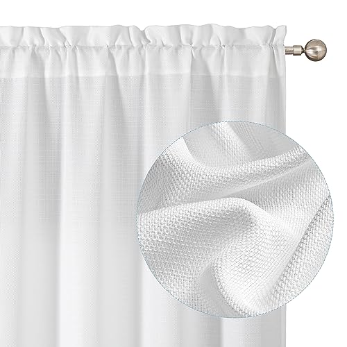 Chyhomenyc White Curtains 45 Inch Length 2 Panels, Faux Linen Textured - color: White, size: 30"W x 45"L (Pack of 2)
