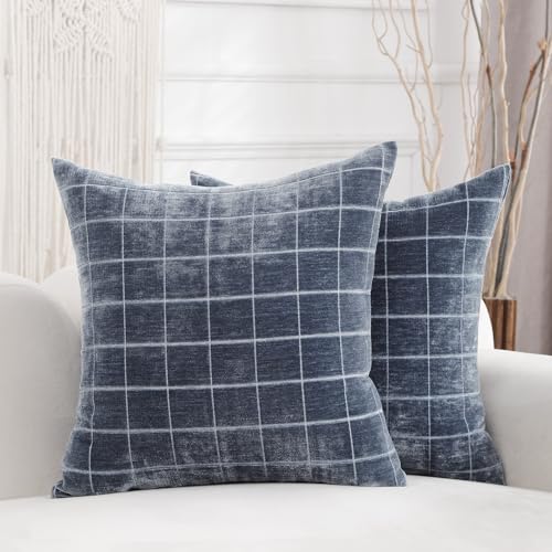 HPUK Checkered Throw Pillow Covers 18x18 Inch, Soft Cut Velvet, Set of 2 - color: Chenil Check-navy