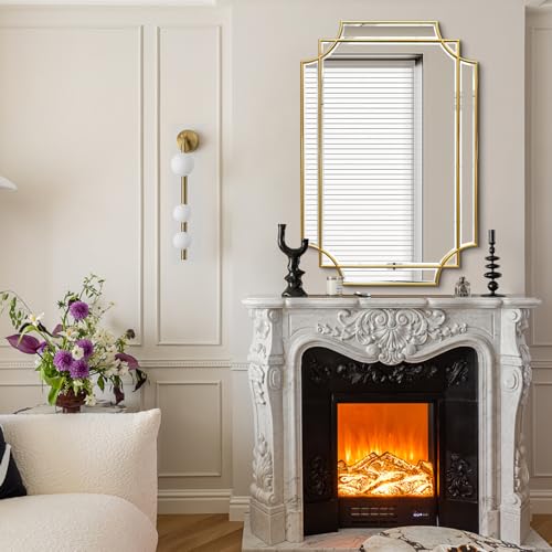 36"x24" Gold Rectangle Beveled Mirror with Geometric Wood Frame - color: Gold, size: 36"L x 24"W