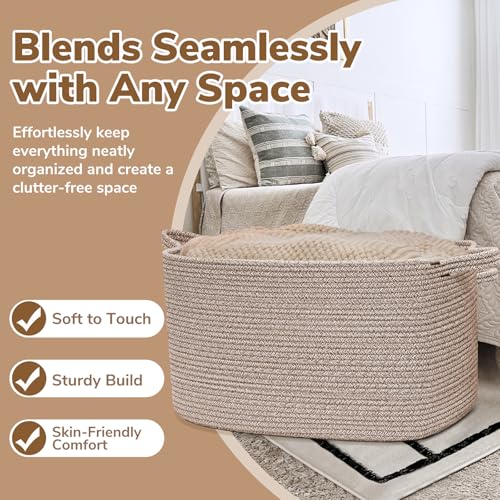 Goodpick 85L Large Woven Rope Blanket Basket, Rectangle, Brown - color: Brown, size: X-Large(23.6"L x 15.7"W x 13.8"H)