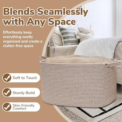 Goodpick 85L Large Woven Rope Blanket Basket, Rectangle, Brown - color: Brown, size: X-Large(23.6"L x 15.7"W x 13.8"H)