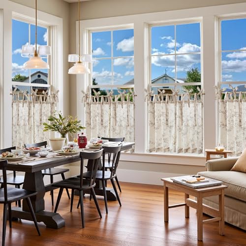 jinchan Taupe Floral Kitchen Tier Curtains Alisa 24 Inches Tie Top 2 Panles - color: Alisa Taupe on Linen, size: 26"W x 24"L (Pack of 2)