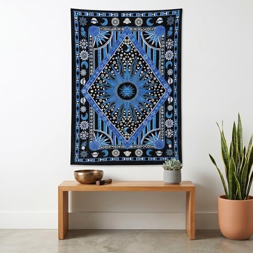 THE ART BOX Sun And Moon Mandala Zodiac Aesthetic Tapestry – Celestial Cotton Wall Hanging, Indie Home Decor 77x102 cm - color: Blue, size: 30"L x 40"W