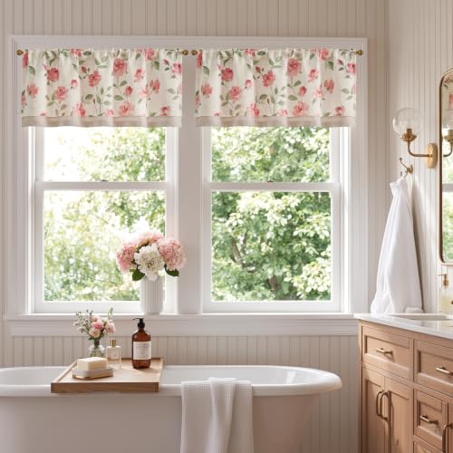jinchan Blushfield Floral Linen Double Layer Cafe Curtains 18 Inch 1 Panel - color: Pink, size: 50"W x 18"L (Pack of 1)