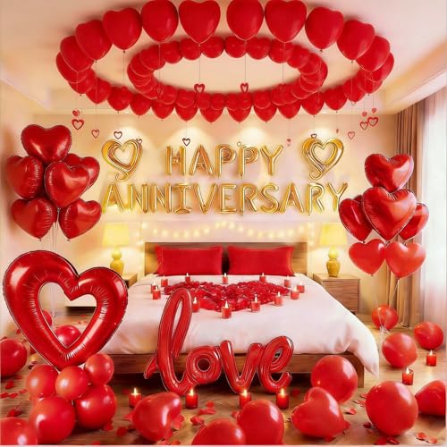 Happy Anniversary Decorations Romantic, Happy Anniversary Sign Banner, Valentines Decorations Party Home Bed Room, Romantic Decorations Special Night, Red Heart Balloons, Happy Anniversary Balloons