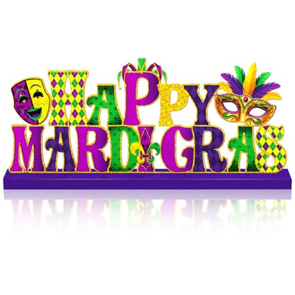 MiniInflat Happy Mardi Gras Metal Sign Carnival Table Decor New Orleans Tiered Tray Decor with Wooden Base Freestanding Metal Word Sign for Home Tabletop Centerpiece Mantel Shelf Fireplace - style: Happy Mardi Gras