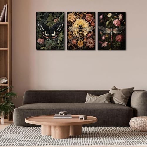 3pcs Framed Dark Floral Plant Canvas Wall Art Vintage Insect Bee Dragonfly Butterfly Wall Decor Pictures Moody insect Posters Prints for Gothic Dark Academia Aesthetic Decoration 16x24in - color: Canvas, size: 16x24in