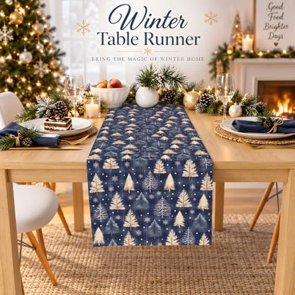 Christmas Decorations - Navy Blue Xmas Tree Snowflake Winter Table Runner - color: Xmas Tree Snowflake