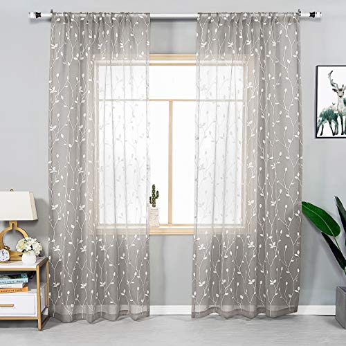 AmHoo 2 Panels Embroidered Leaf Pattern Semi Sheer Curtains Foliage Floral Voile Window Draperies Treatment for Bedroom Living Room Rod Pocket Light Gray 53 x 63 Inch - color: Light Gray, size: 53"W x 63"L (Pack of 2)