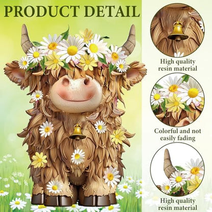 2 Pcs Highland Cow Figurines Decor, Daisy Flower Style - style: Daisy Flower