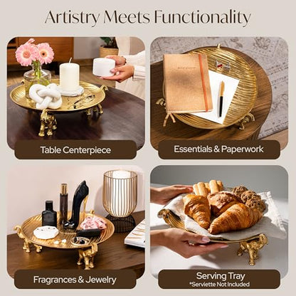 Golden Tray with Elephant Stand - Round Decorative Coffee Table Centerpiece - color: Golden