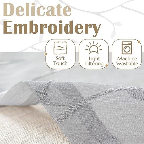 jinchan Linen Kitchen Valance Sheer Leaf Embroidered 18 Inch 1 Panel Grey - color: Leaf | Gray