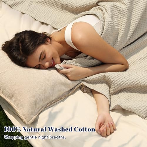 PHF 100% Cotton Waffle Blanket Lightweight Breathable, Twin, Linen/Stone - color: Linen/Stone, size: Twin(66" x 90")