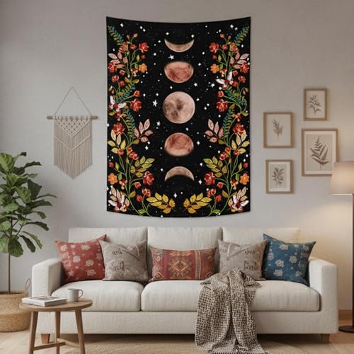 Lifeel Moon Phase Tapestry, Vintage Floral Wall Tapestry with Stars, Aesthetic Celestial Dark Botanical Wall Art for Bedroom Living Room Dorm Decor,60x80 inches - color: Black2, size: 80"L x 60"W