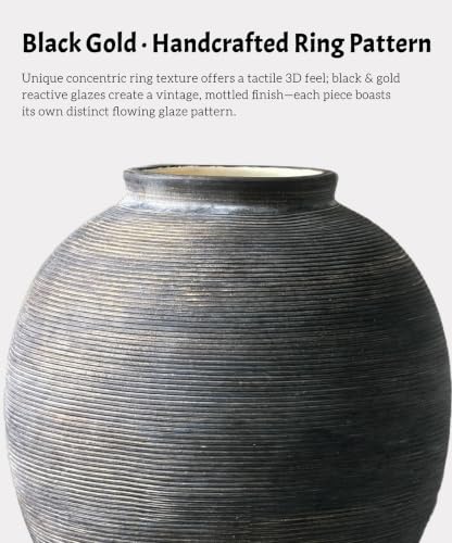 Black Ceramic Flower Vase, 9.8" H, Black Bronze Glaze - color: Deep Charcoal Black-9.8", size: 9.8"-Oval