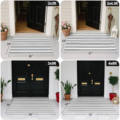 LEEVAN 2'X4.3' Black and White Striped Woven Cotton Reversible Outdoor Rug - color: 1white Strip, size: 2' x 4'3"