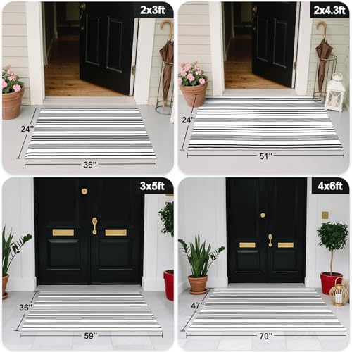 LEEVAN 4'X6' Black and White Striped Woven Cotton Reversible Outdoor Rug - color: 1white Strip, size: 4' x 6'