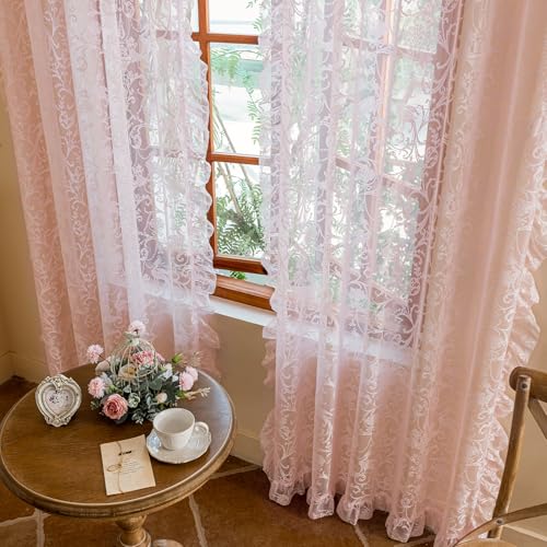 TUDECO Pink Lace Curtains 63 Inch Length, Romantic Ruffle Edges, 2 Panels - color: Pink, size: 59"W x 63"L (Pack of 2)
