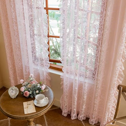 TUDECO Pink Lace Curtains 63 Inch Length, Romantic Ruffle Edges, 2 Panels - color: Pink, size: 59"W x 63"L (Pack of 2)
