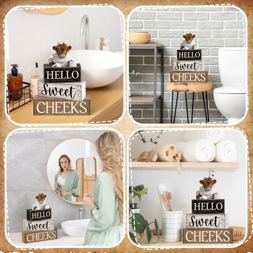 Moucuny 4 Pcs Highland Cow Bathroom Decor Wooden Signs, Farmhouse - style: Bathroom Highland Cow