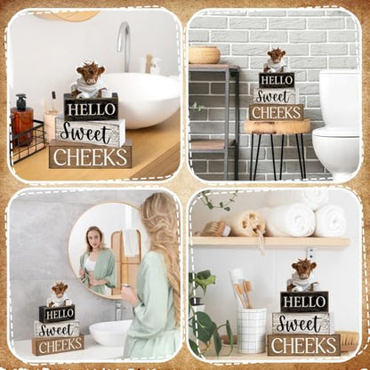 Moucuny 4 Pcs Highland Cow Bathroom Decor Wooden Signs, Farmhouse - style: Bathroom Highland Cow