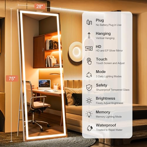 75" x 28" Full Length Mirror with Lights, LED Lighted Floor Standing Body Mirror, Dimmable & 3 Color Lighting for Bedroom, Cloakroom, Dressing Room, Tempered Glass, White Frame - color: White, size: 75"L x 28"W