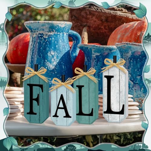 Britimes Fall Tiered Tray Sign, Rustic Firework, 4 Pack, Wooden Block Decor - style: Blue Fall Lettered