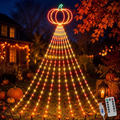 Gerrii 14FT Fall Pumpkin Waterfall String Lights, 270 LED USB Halloween - style: Autumn Pumpkin