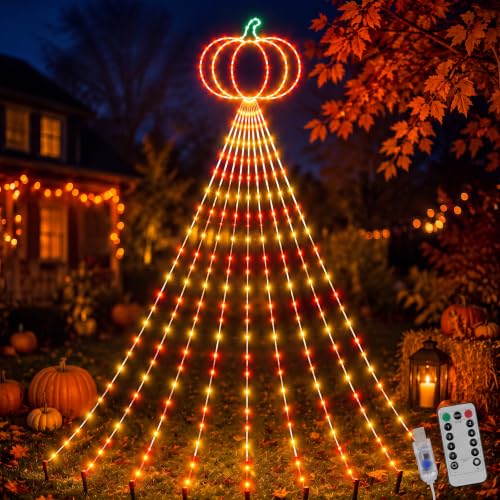 Gerrii 14FT Fall Pumpkin Waterfall String Lights, 270 LED USB Halloween - style: Autumn Pumpkin