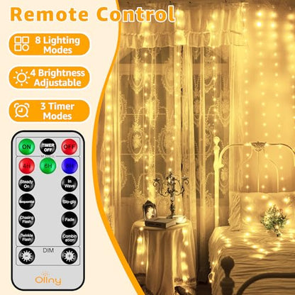 Ollny Curtain Lights 600LED 19.7ft x 9.8ft, IP67 Waterproof (Warm White) - color: Warm White, size: 19.7ft